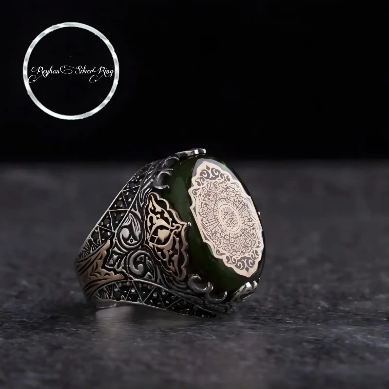 

Unique Vezirhan Model Round Green Amber Stone Men's Ring, Inshirah Sura Engraved, Statement Jewelry, Men Engraved Band