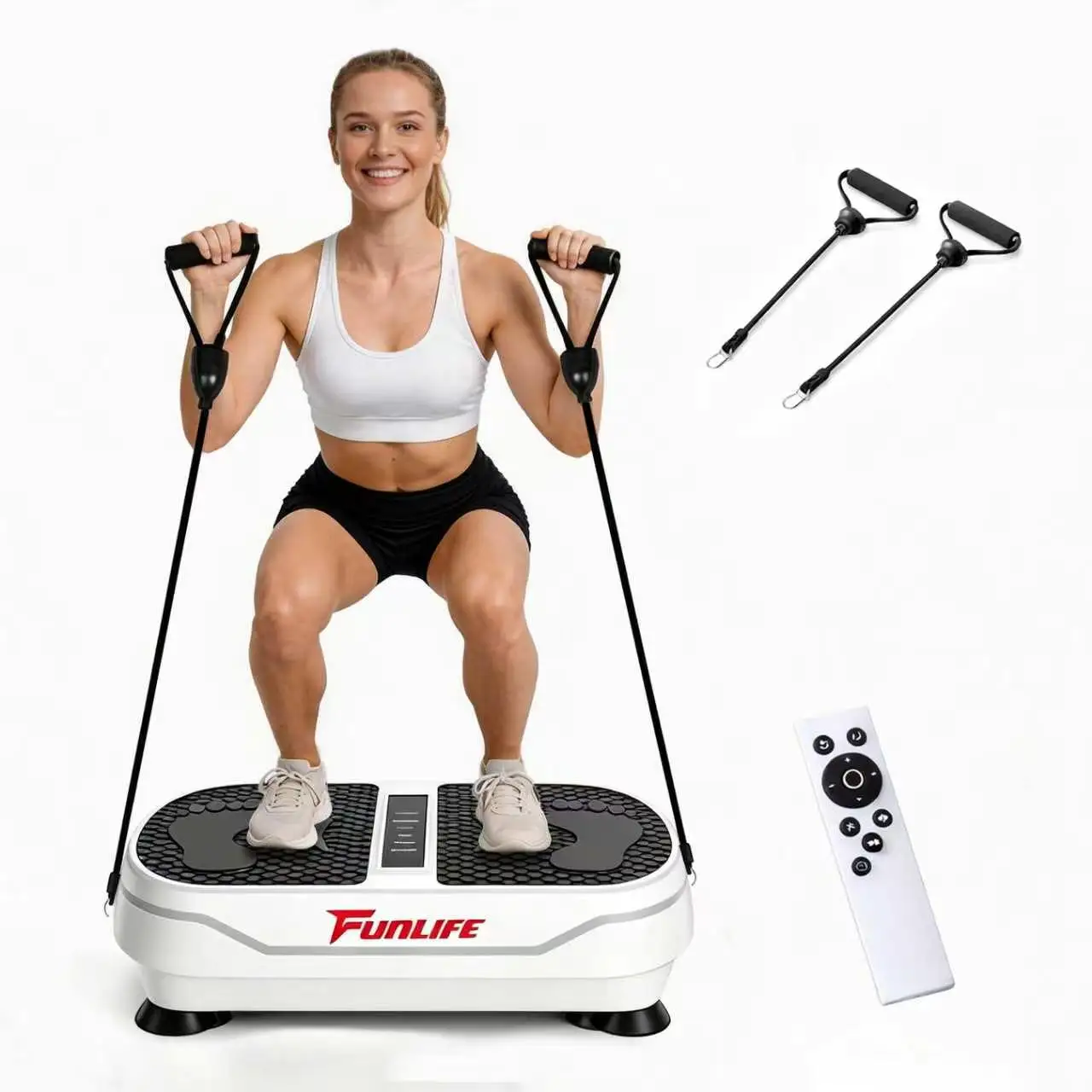 FunLife V8 Vibrationsplatte – 180 Stufen, 5 Automatikprogramme & Manueller Modus – Fitnessplatte mit Trainingsseilen, Bluetooth-Lautsprecher & Ganzkörpertraining bis 120 kg