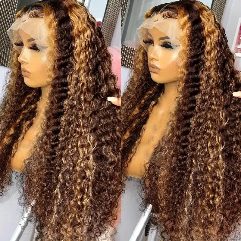 30Inch Highlight Honey Brown Curly Lace Front Human Hair Wigs 13x6 13x4 Ombre Colored kinky curly Lace Frontal Wig Pre Plucked