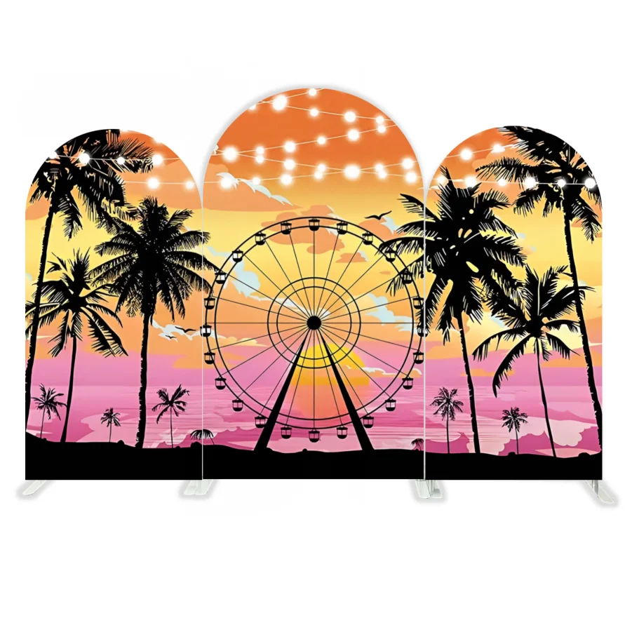 Summer Beach Ferris Wheel Tropical Coastal Palm Trees Sunset Background Arch Backdrop Cloth Cover