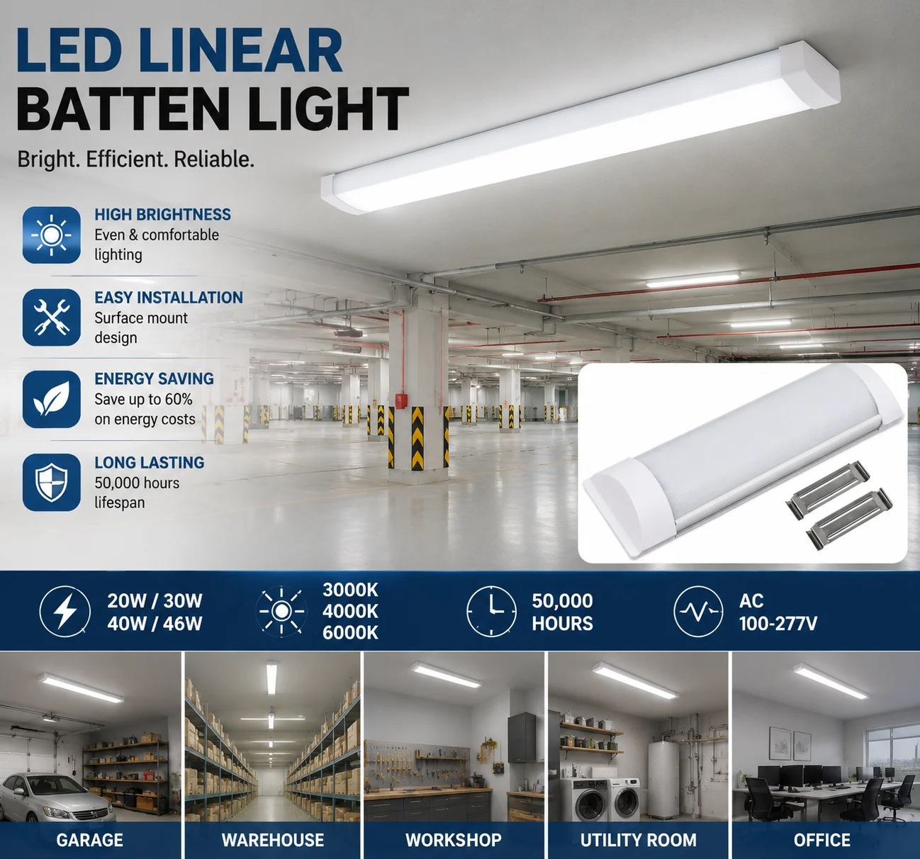 4Pack LED Linear Batten Light Surface Mount Ceiling Lamp Aluminum PC Integrated Office Garage Workshop Warehouse Light Fixture