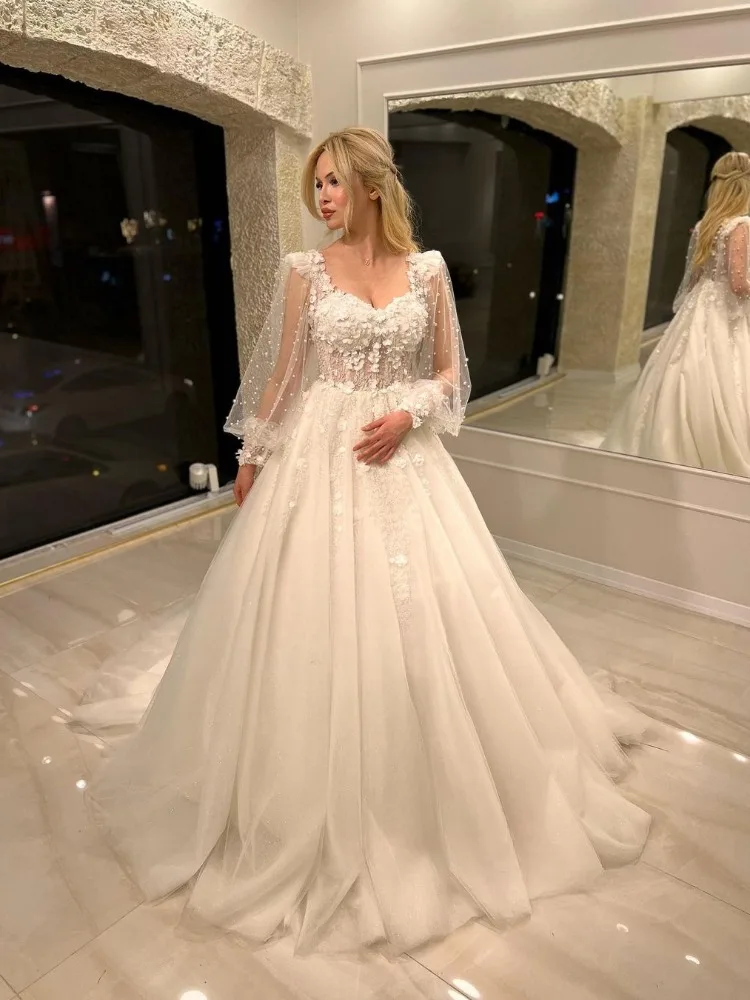 Boho Wedding Dresses Sweetheart Long Sleeves Appliques Bridal Gown A-line Floor Length Bridal Gown Vestidos De Novia