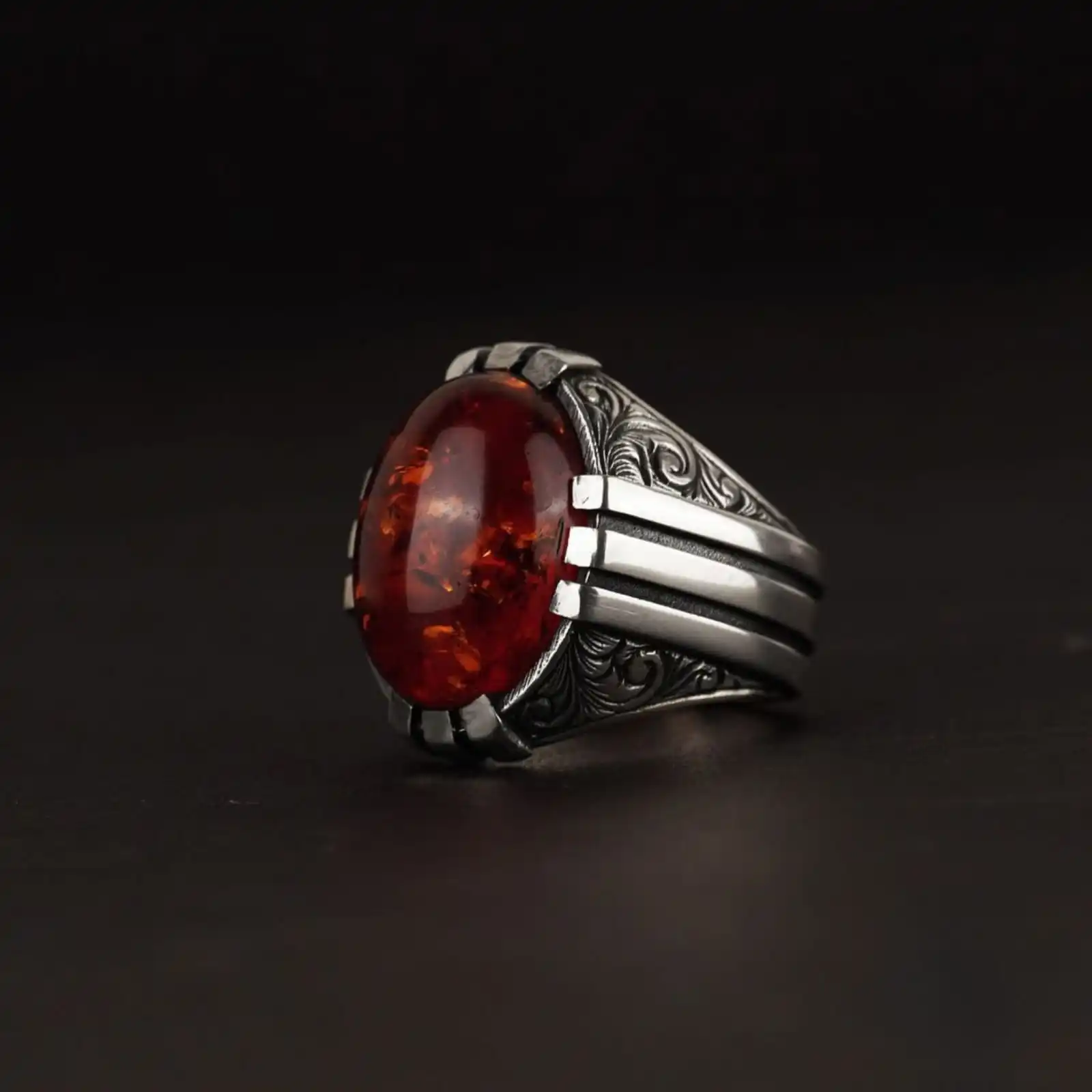 Red Amber Stone Fossil Men's Silver Ring, Sides Engraved Processing Ring, Gift for Him, Gift Jewelry for Lover, Fire Ring