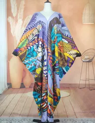 Kuwait Fashion Blogger Recommend Twill Silk Printed V-Neck Straight Kaftan Dress Casual African Bohe Loose Abaya Robe