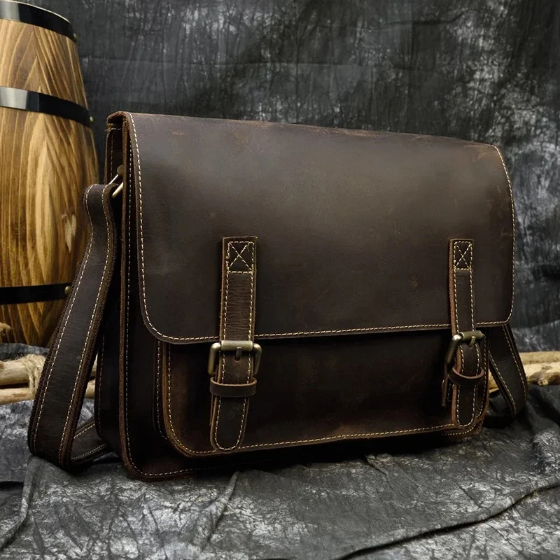 Rocznika prawdziwej skóry męskie torby na ramię prawdziwa końska skóra skórzane duże teczka na laptopa A4 torba Brown w stylu Casual, biurowy torba — zdjęcie 2