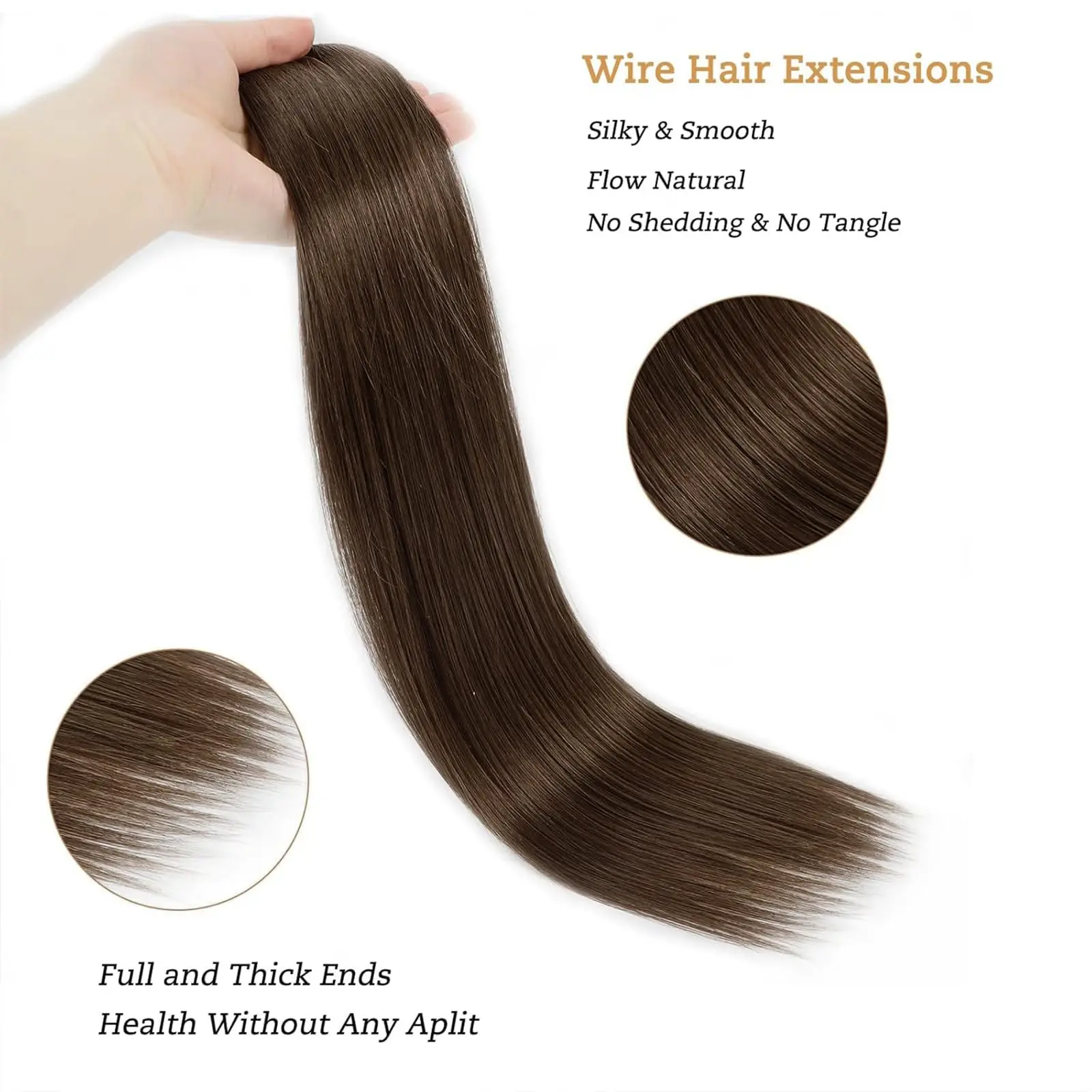 وصلات شعر شعر بشري حقيقي، وصلات شعر مستقيمة بنية متوسطة الحجم، سلك غير مرئي، خط سمكة، وصلة شعر طبيعي مفرود