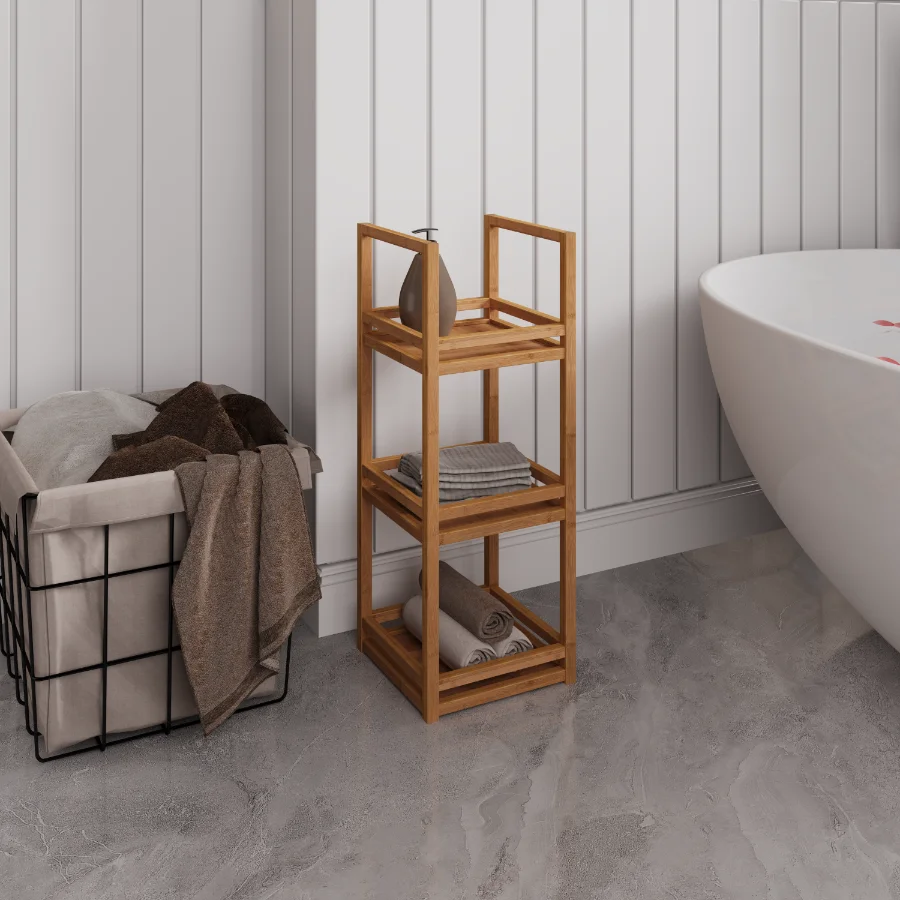 Étagère de salle de bain, bibliothèque à 3 niveaux, autoportante, étroite, en bambou avec protection des bords pour le salon, la chambre ou le bureau, gain de place, naturelle. Étagère à 3 niveaux, Badregal, couleur naturelle ￼ ￼ ￼ ￼ ￼ ￼ ￼ ￼ ￼ ￼ ￼ ￼