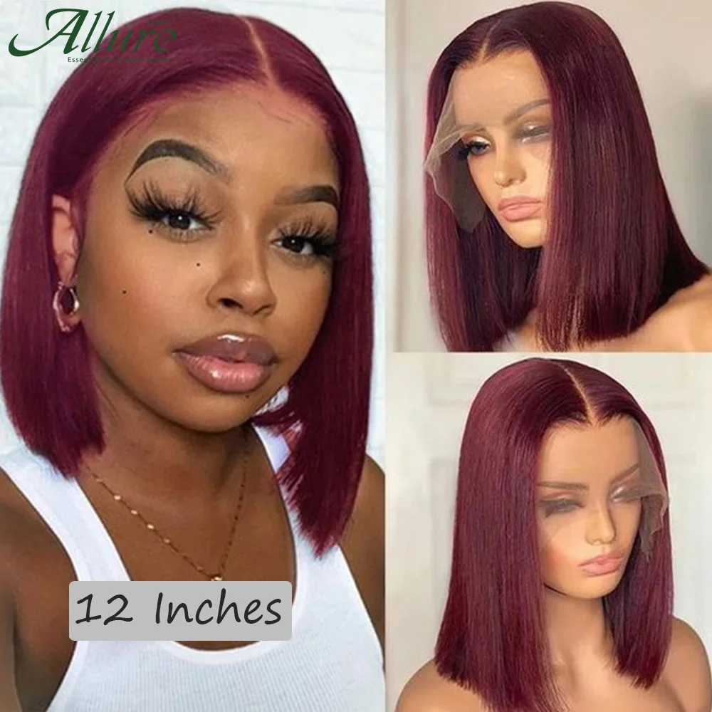 99J Short Burgundy Bob Human Hair Wigs Colored Straight Bob Lace Front Wig For Women Dark Red Glueless T Part Lace Wigs Allure