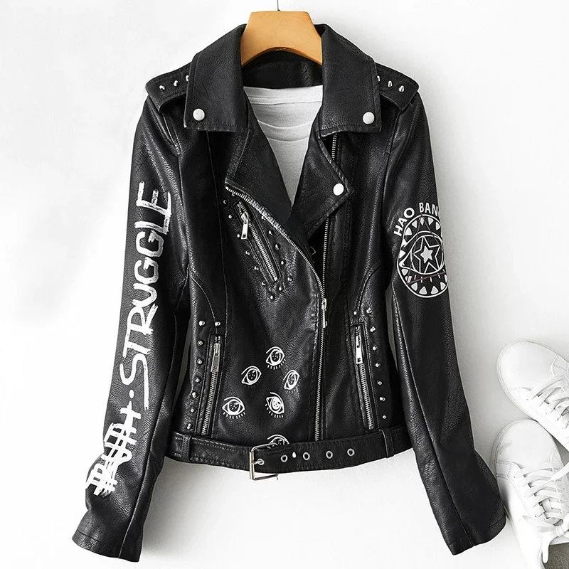 AliExpress Fitaylor Autumn Winter Women Graffiti Print Faux Leather Jacket Lady Moto Bike PU Leather Coat