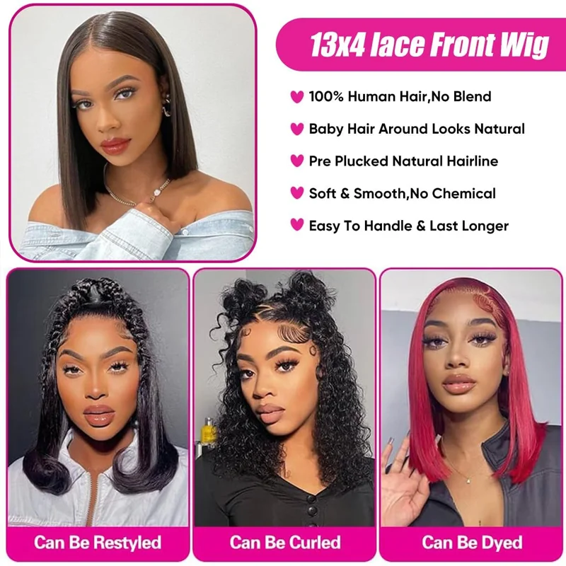 13x4 العظام مستقيم بوب شعر مستعار الدانتيل الجبهة خصلات الشعر المستعار الإنسان للنساء 4x4 قصيرة بوب شعر مستعار الدانتيل الباروكة الأمامية 100% الشعر البشري 200% الكثافة