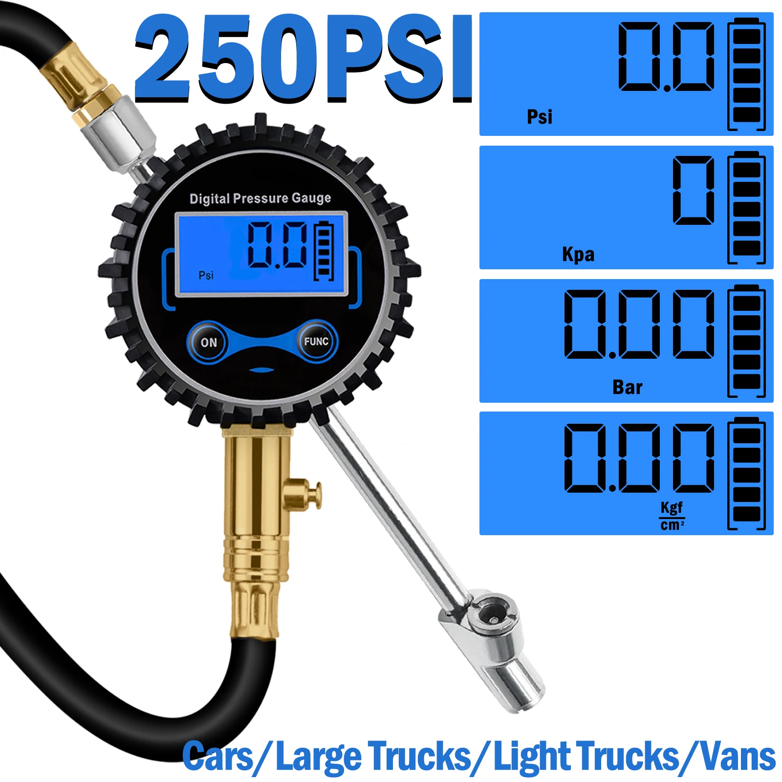 LCD Digital Tire Inflator Pressure Gauge 250PSI Heavy Duty Air Compressor Lock On Air Dual Head Chuck for Cars Trucks Vans