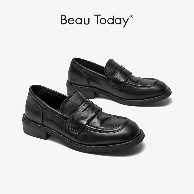 

BeauToday Penny Loafers Women Round Toe Genuine Horse Leather Slip On Solid Color Flats Casual Spring Autumn Ladies Shoes 26094