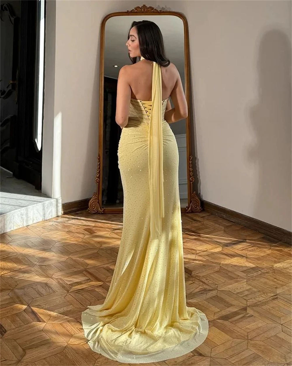 Sansa Customized Yellow Mermaid Strapless Side Split Prom Dress Corset Pleats Vestidos De Noche Floor-Length Formal Evening 2026 image 2