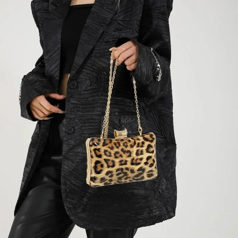 Torebki w kształcie metalowego pudełka Sprzęgło Luksusowy projektant Damska torebka imprezowa w panterkę Torebka Fajne torby na ramię z łańcuszkiem Torba na ramę Crossbody — zdjęcie 2
