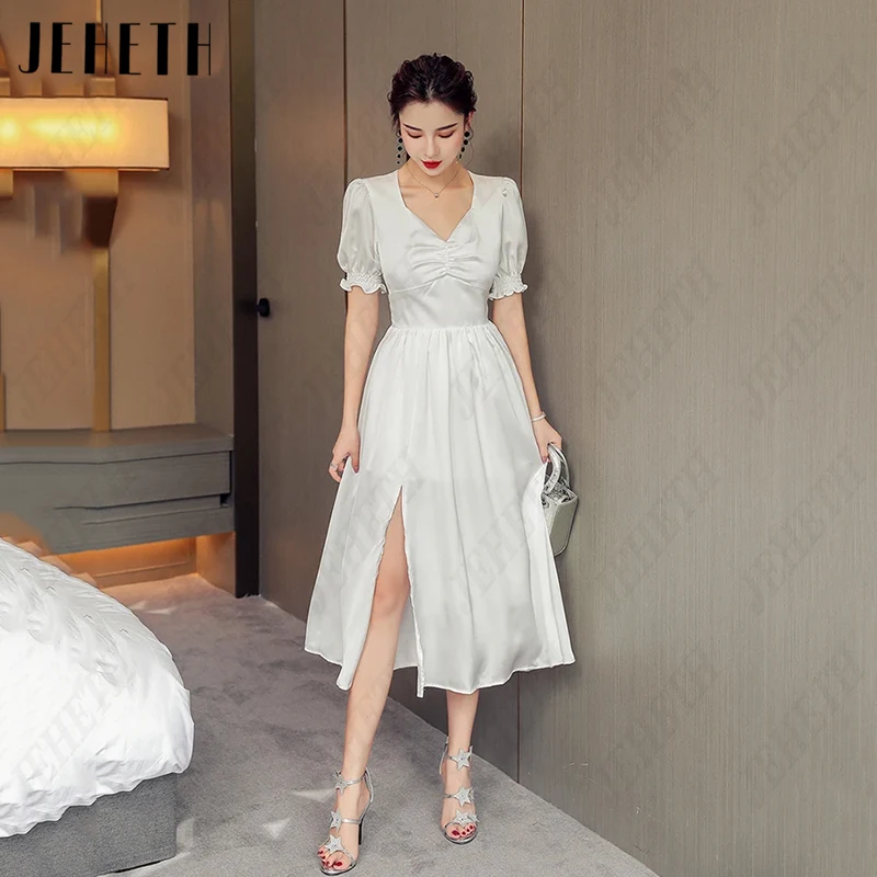 JEHETH V-Neck Pleat A-Line Korea Wedding Dress For Women Vintage Puff Sleeve Bridal Gown Side Split 웨딩드레스 Photography Tea-Length