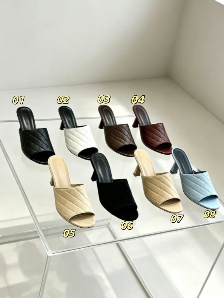 Summer New High-quality Fashionable And Versatile Women's Diamond-patterned Fish-mouth High-heeled Slippers No Box