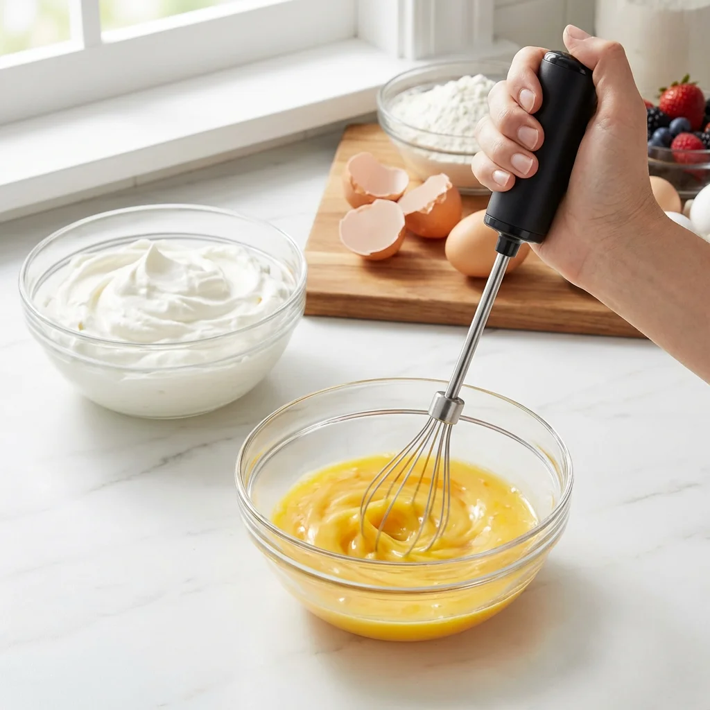 Simply press to whip eggs,milk,or flour in seconds.Stainless steel wires ensure smooth mixing.A holiday helper for pies,pancakes
