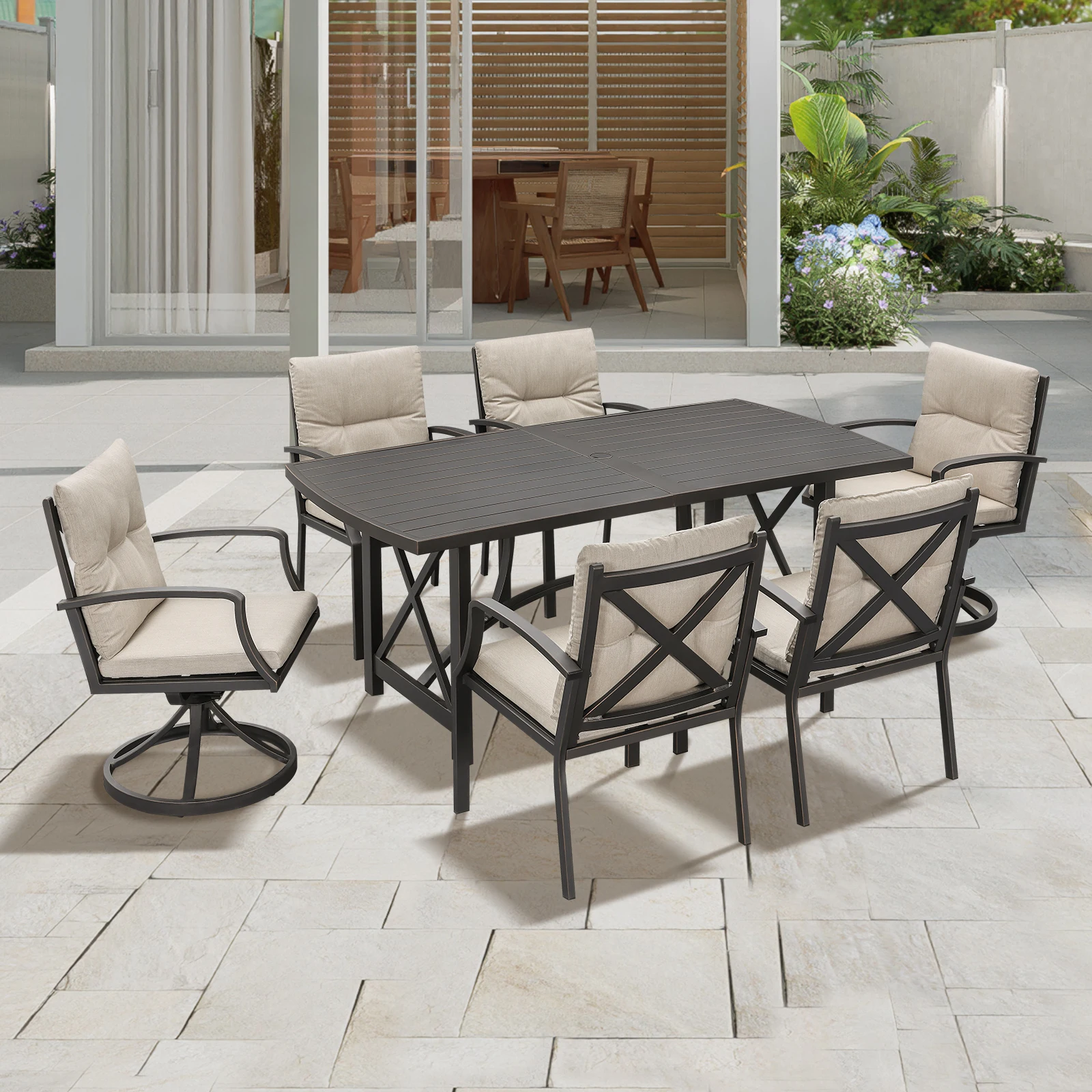 

SeeHill Gunmetal Обеденный набор для улицы из 7 предметов, стол для патио с 4 стульями и 2 вращающимися стульями, алюминиевая мебель