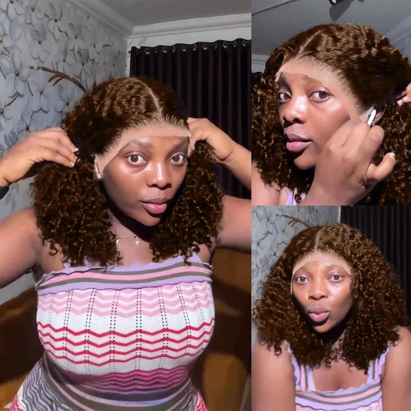 Curly Short Bob Wig Human Hair Deep Wave 13x4 Lace Front Wigs For Black Women Human Hair Pre Plucked Short Wet And Wavy Chocolate Brown #4 Curly 250% Density Lace Front Bob Wig view 3