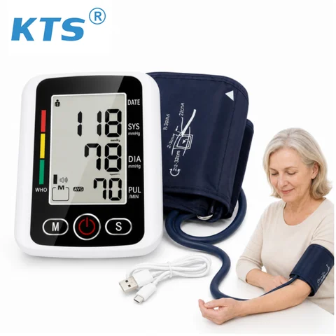 Automatic Upper Arm Blood Pressure Monitor for Home Use Large LCD Digital BP Machine with Adjustable Cuff Voice Broadcast Irregular Heartbeat Indicator 2 Users 2x120 Memory WHO Color Guide USB C and Battery Power One Touch for Adults Seniors Travel