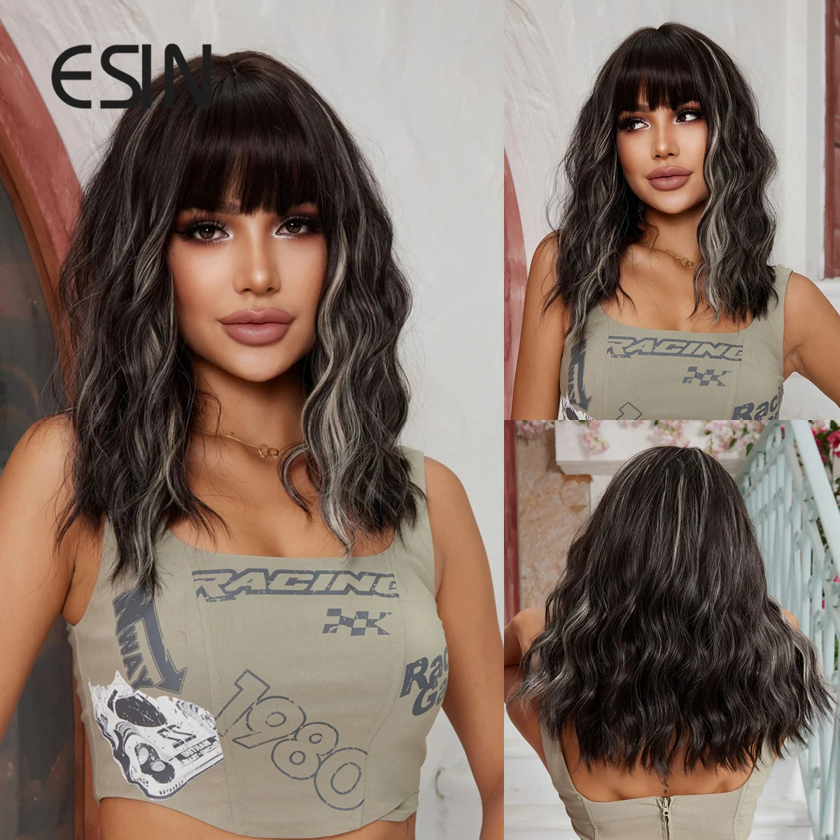 ESIN Synthetic Light Khaki Wavy Bob Wigs Medium Long Loose Body Wave Wig with Bangs Cosplay Daily Natural Wigs for Women