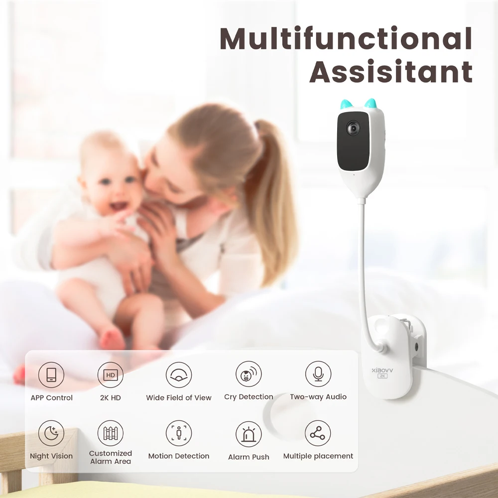 4MP WiFi Baby Monitor Camera Cry Detection Infrared Night Vision Two-Way Audio Lullaby Night Light Bendable Bracket
