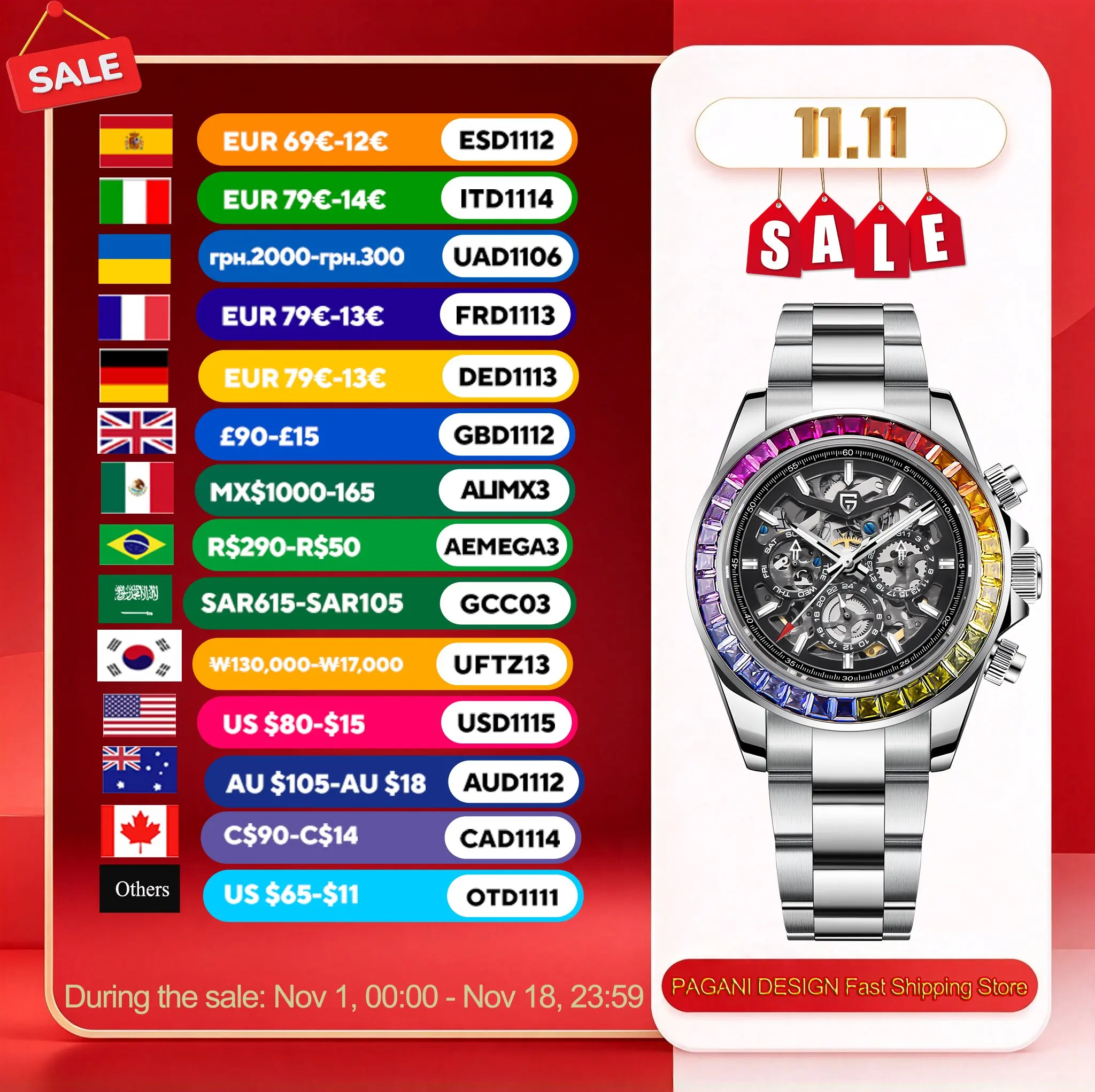 PAGANI DESIGN Personalized Men Automatic Mechanical Watch Colorful Gemstone Bezel Small Three-Pin Tachymeter Design Chronograph