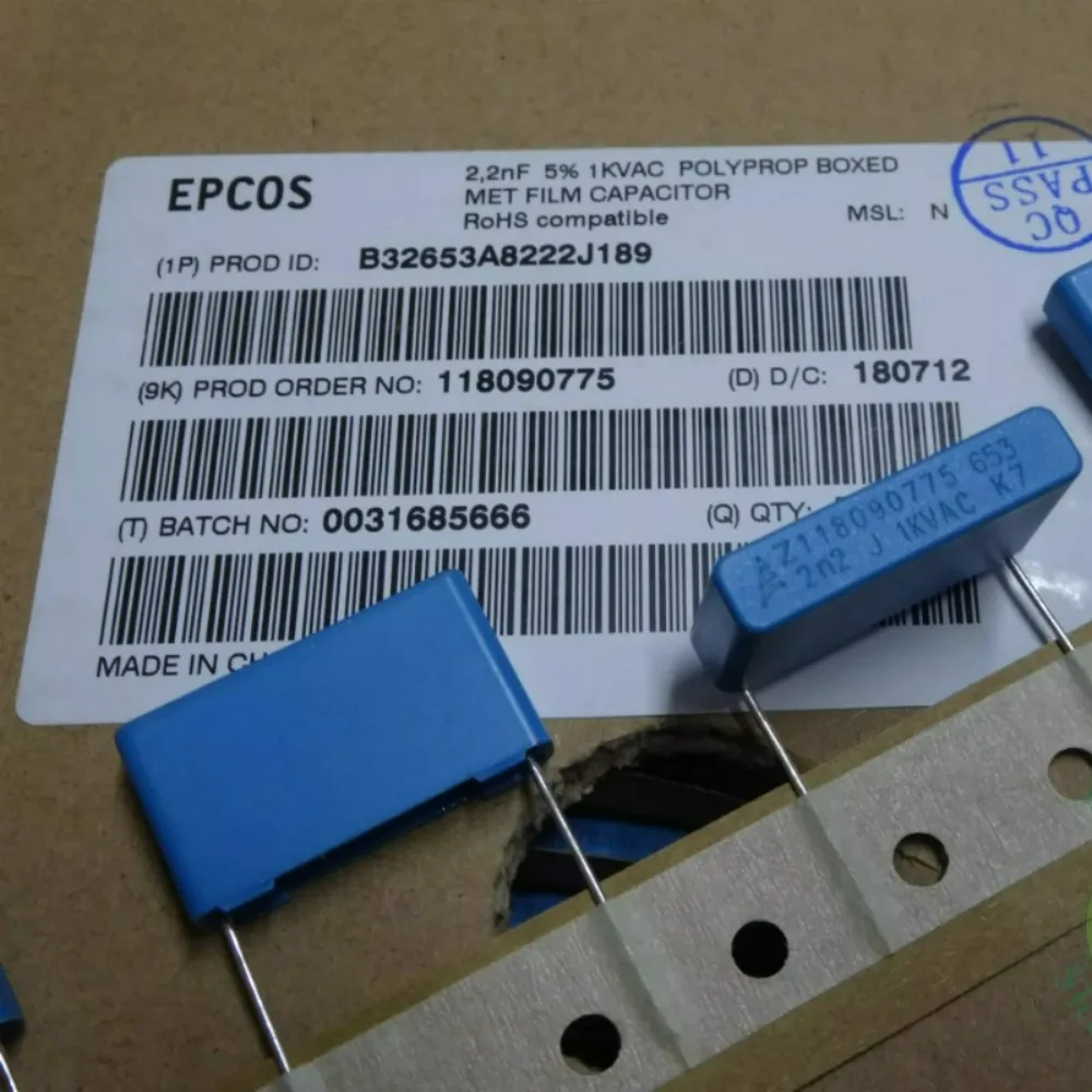 5pcs/lot EPCOS 0.0022uf 1000vAC 2.2nF 2200pF 222 J Brand New 22.5mm Film Capacitor B32653A8222J