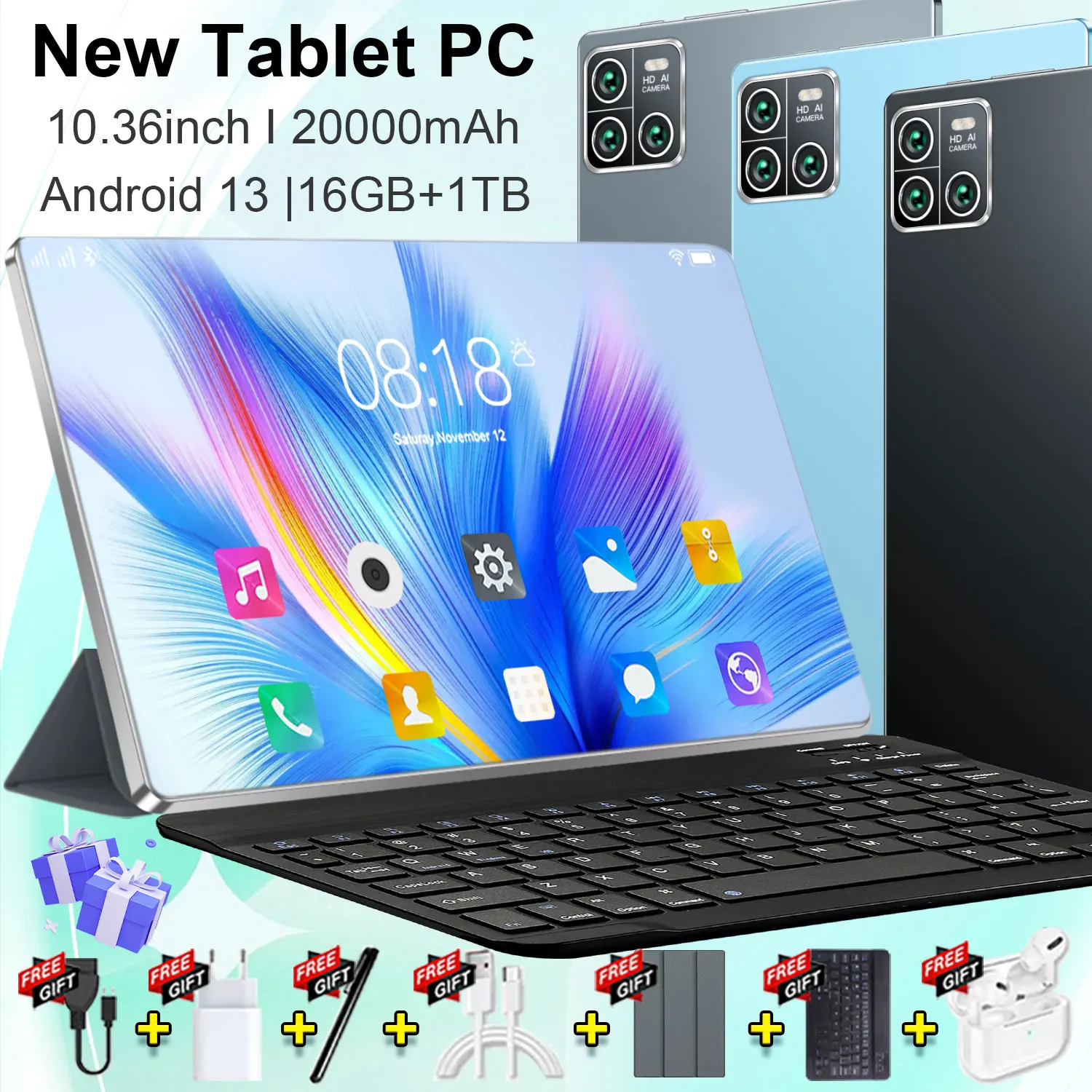 Tablet 5G Versión Global de 20000 mAh con Doble SIM, Pantalla de 10.36 Pulgadas, 14 Núcleos, Cámara de 16+32MP, 16GB+1TB, Android 13, WiFi, WPS Office