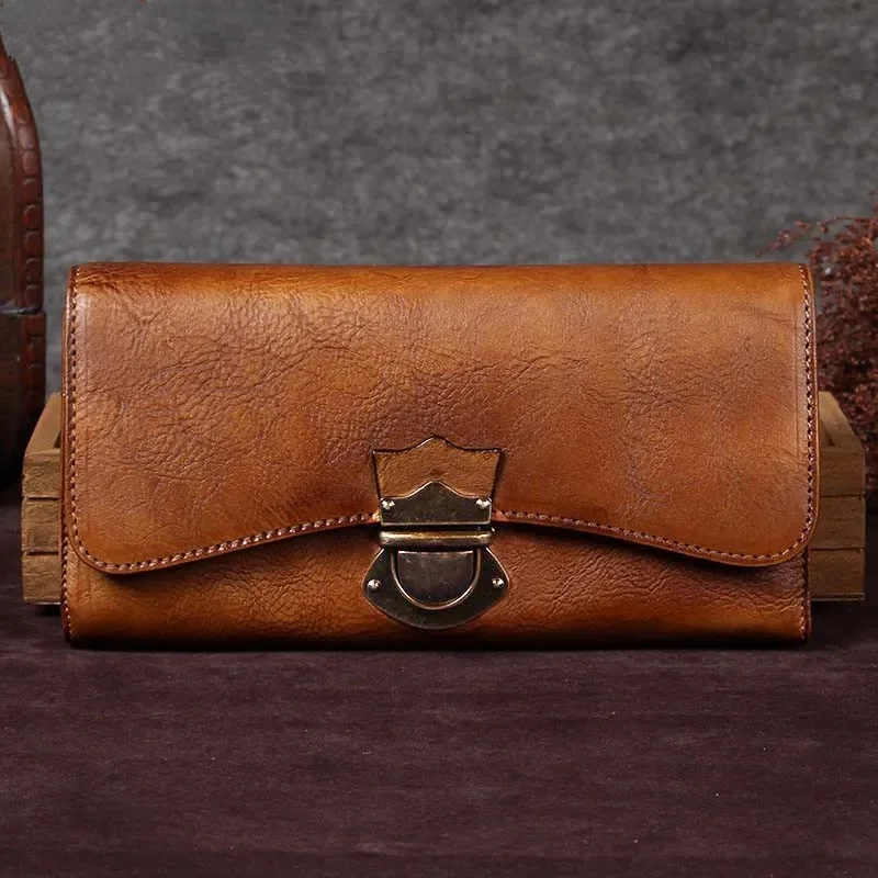 Vintage skórzane damskie długie portfele damskie etui na karty klamra portfel o dużej pojemności portmonetki Zipper telefon komórkowy kopertówki — zdjęcie 2