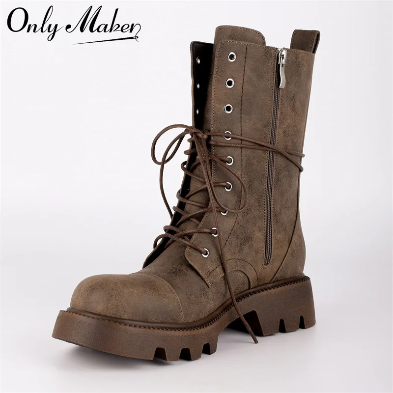 

Onlymaker Round Toe Lace Up Ankle Boots Side Zipper Autumn Winnter Fashion Platform Motorcycle Ankle Boots