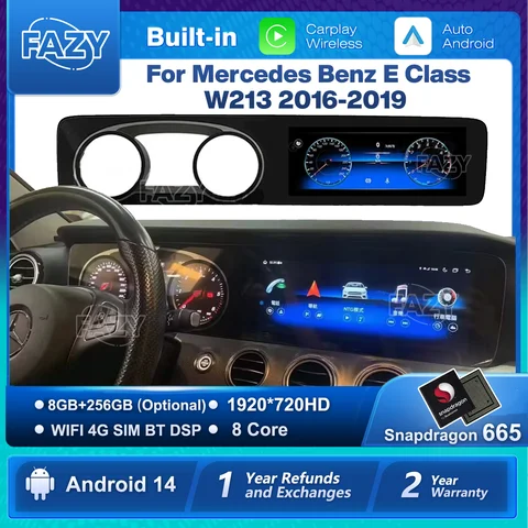 FAZY 안드로이드 14 자동 라디오 CarPlay 벤츠 E 클래스 W213 2016-2019 용 12.3 인치 터치 스크린 자동차 스테레오 플레이어 네비게이션 4G WIFI