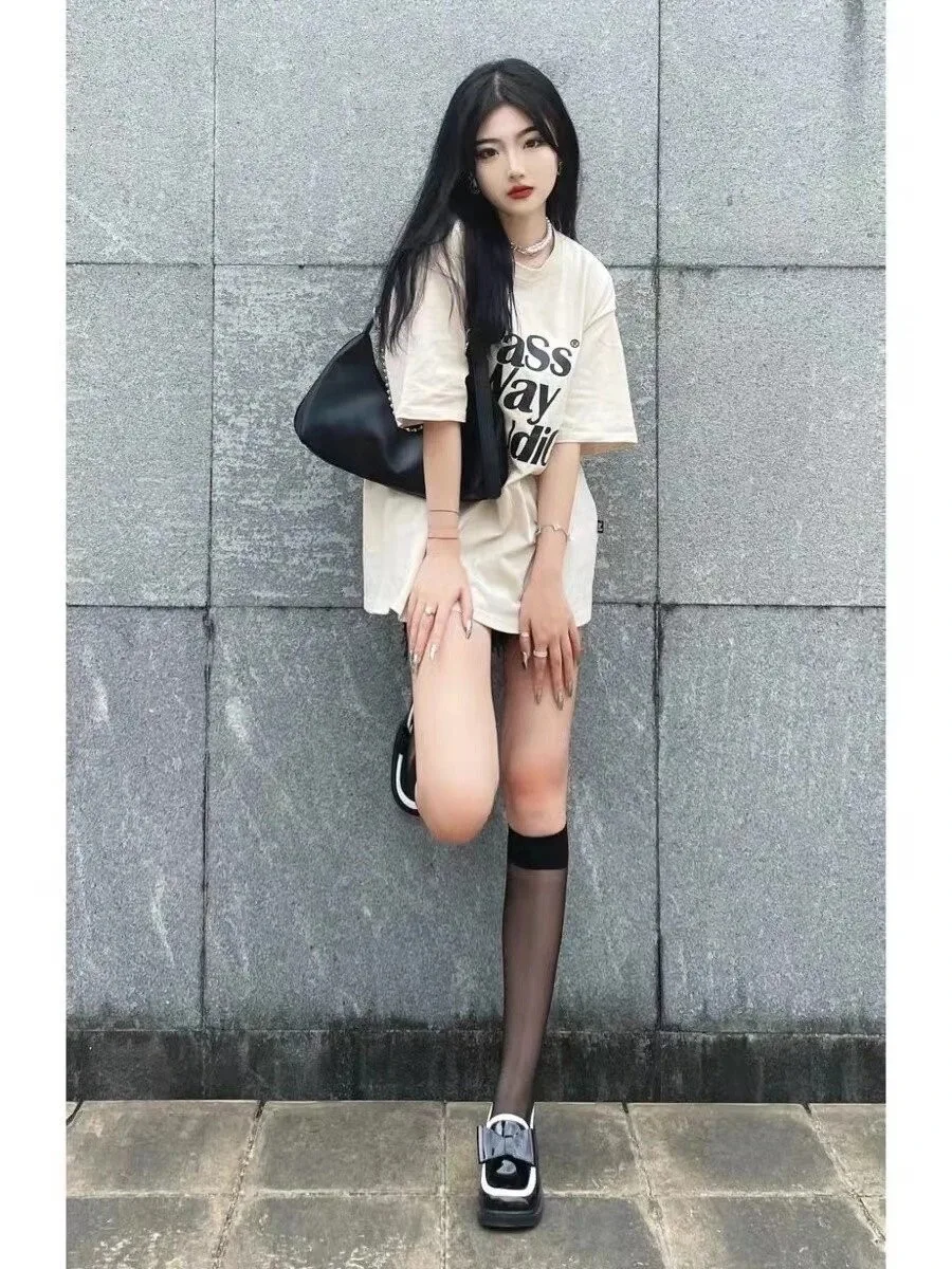 Lightweight See-through Nylon Mesh Knee High Hosiery, Black & White Sheer Socks, Japanese Schoolgirl Aesthetic Summer Everyday Outfits
