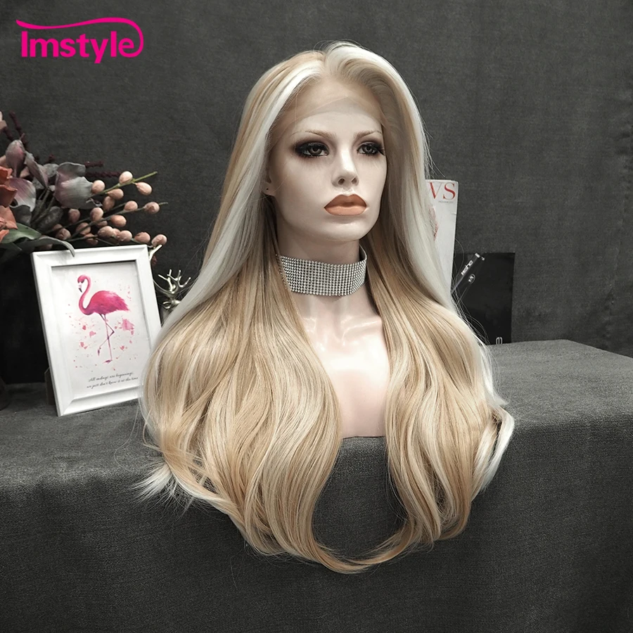 Imstyle-peluca rubia sintética con malla frontal para mujer, cabellera lisa de Color resaltado, fibra resistente al calor, para Cosplay diario