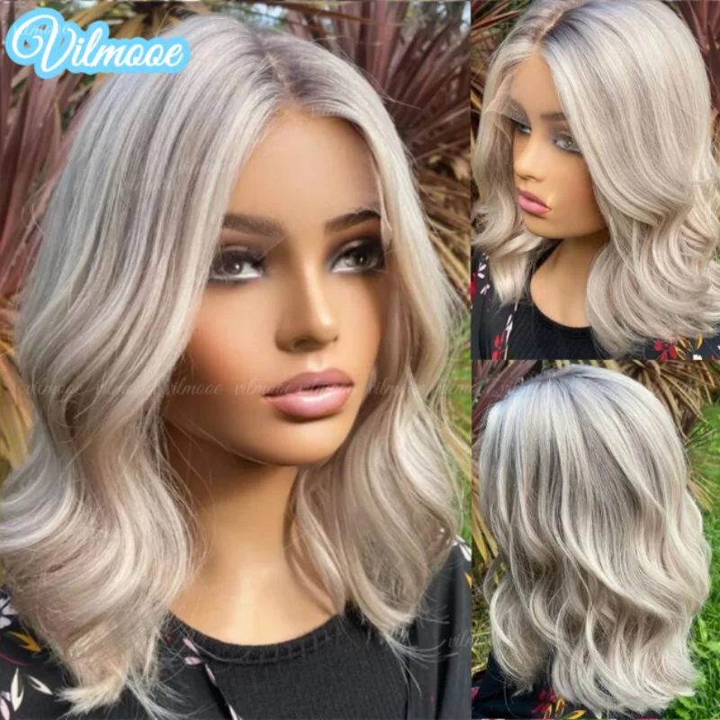 

13x4 Lace Front Wigs Brown Rooted Short Bob Wavy Wigs #613 Light Brown Balayaga Highlight Human Hair 180% Density Full Lace Wig