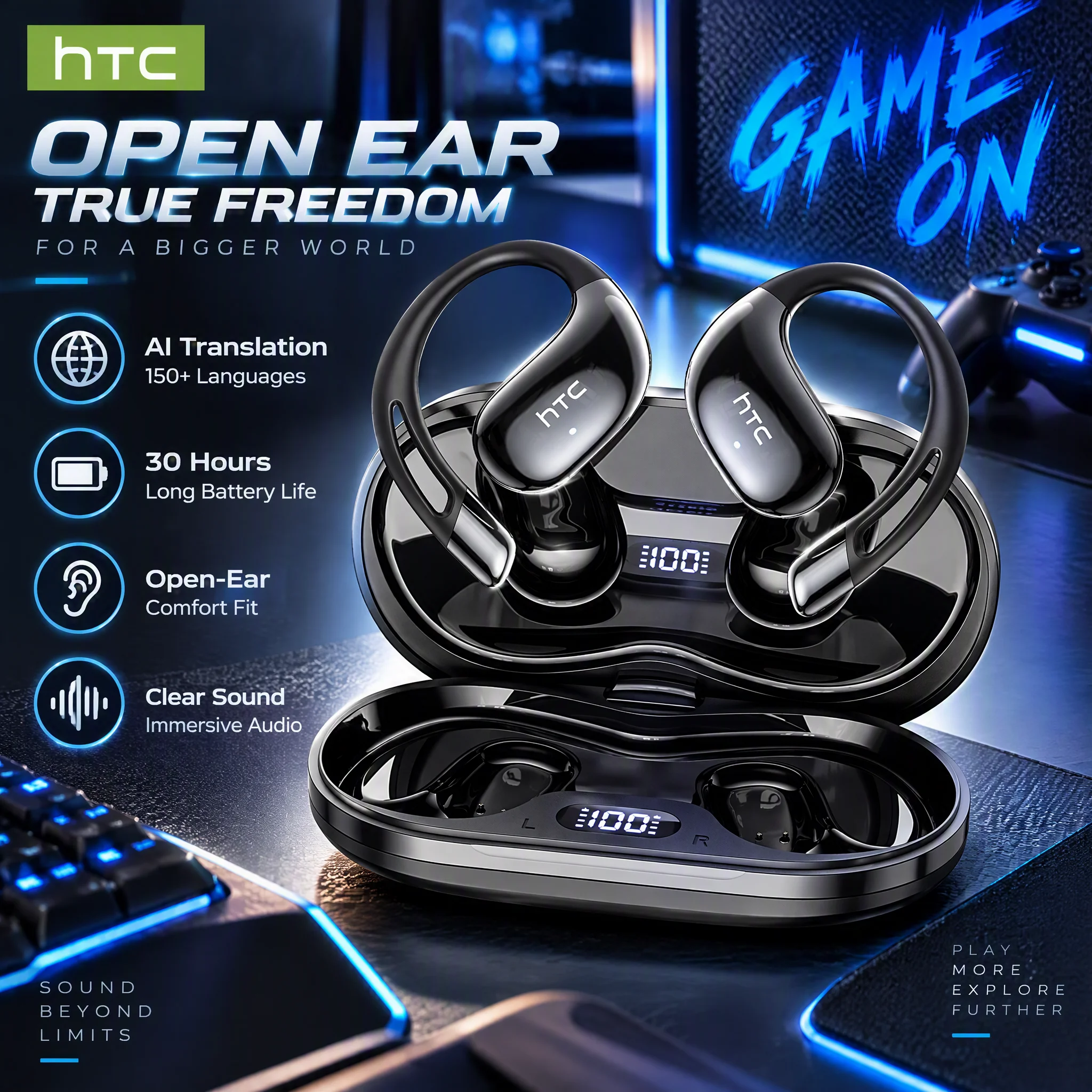 Écouteurs sans fil HTC NE57 Bluetooth 5.3 à oreille ouverte pour le sport avec affichage de la batterie, fonction de traduction IA pour plus de 150 langues, autonomie de 24h, ajustement confortable, son stéréo HiFi et