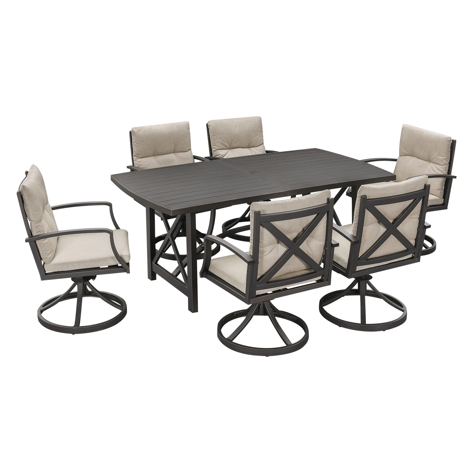 

SeeHill Gunmetal 7-Piece Swivel Dining Set, Aluminum Patio Table and 6 Swivel Chairs with Cushions, Umbrella Hole