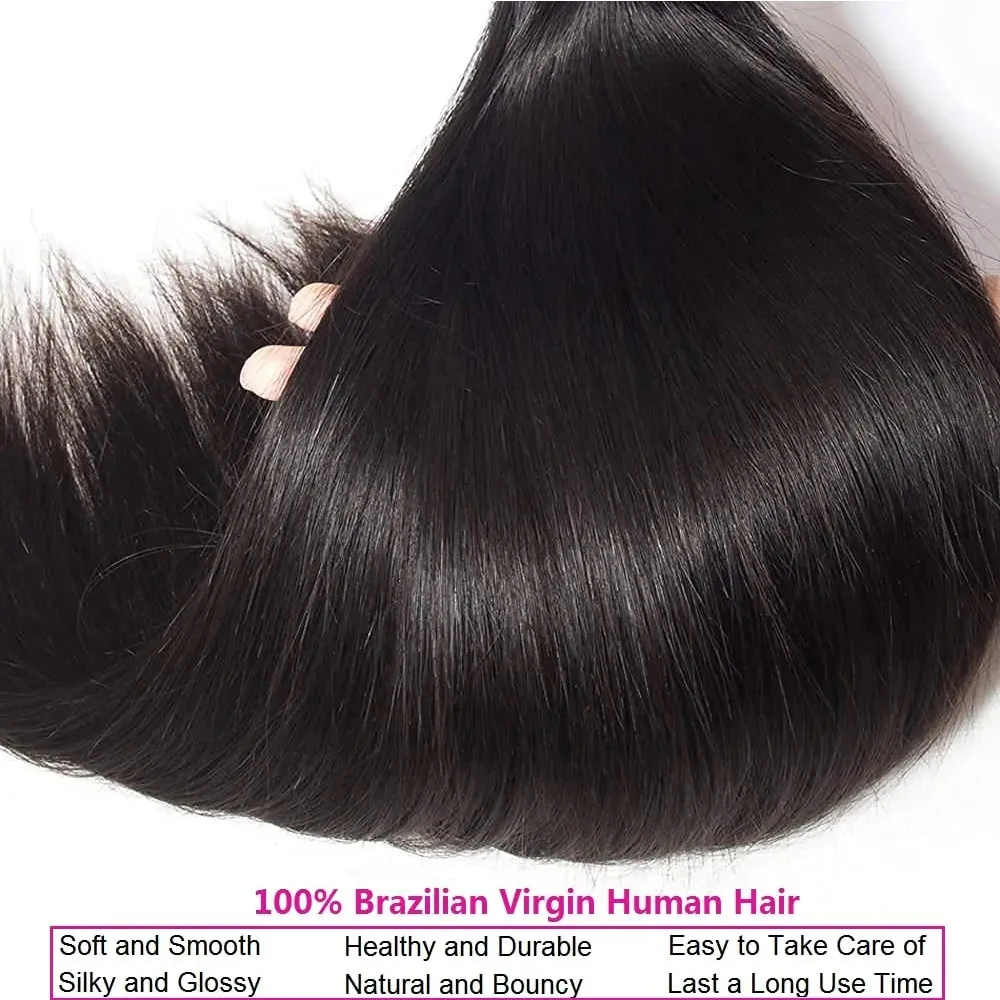 Pacotes retos do cabelo humano com fechamento, cabelo cru brasileiro, fechamento do laço HD, frontal transparente do laço