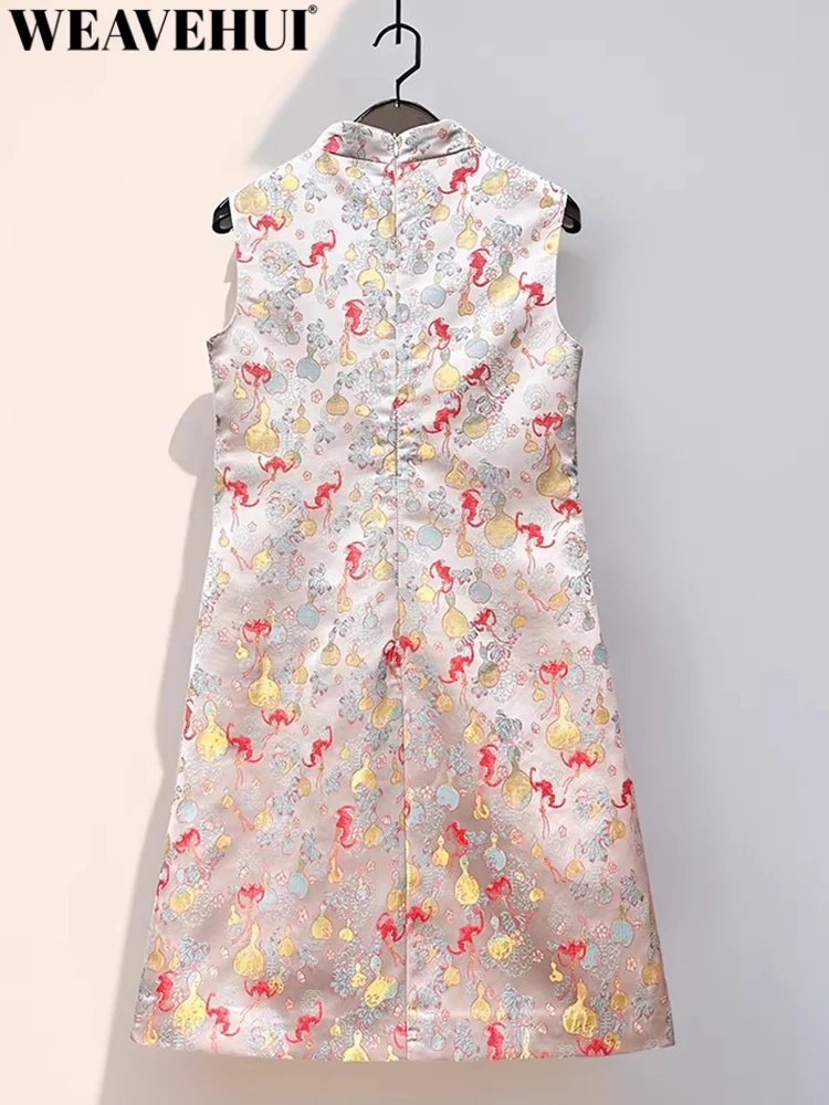 WEAVEHUI Women Chinese style Stand Collar Sleeveless Embroidery Jacquard Beading Summer Cheongsam Mini Vest Dresses