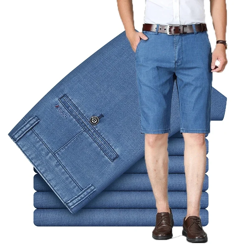 Letnie męskie spodnie do kolan marki męskie czarne elastyczne spodenki jeansowe klasyczne Business Casual Stretch proste dżinsy — zdjęcie 2