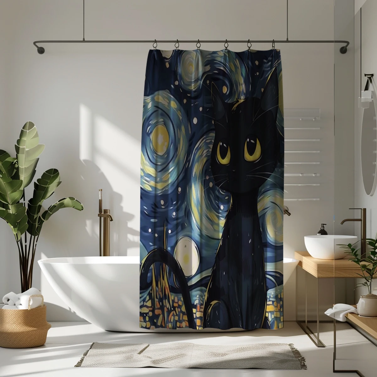 1 Impressionist style starry moon night background starry sky cat pattern polyester material shower curtain waterproof fabric ba