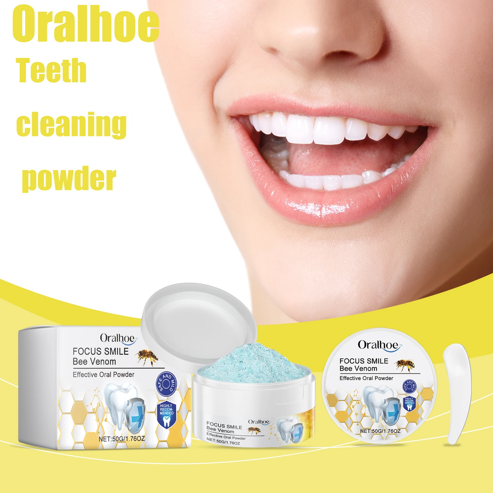 Oralhoe 50g Bee Venom Teeth Whitening Powder Refreshing Breath Brightening Reduce Coffee Tea Stains Bleaching Teeth Powder