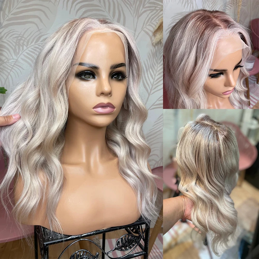 

Icy Blonde Lace Front Human Hair Wig Ashy Blonde Roots Ombre Human Hair Wigs HD Full Lace Wigs 150% Virgin Hair Glueless Wavy