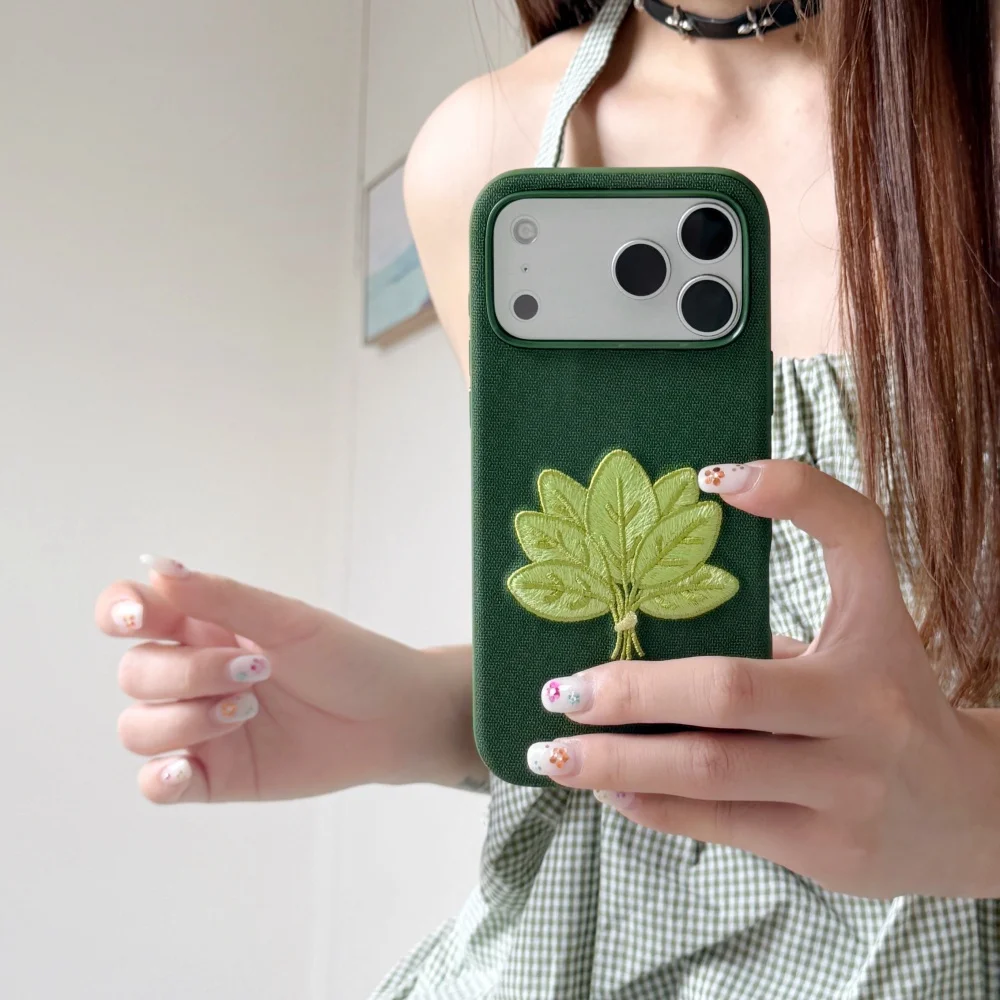 Korea Ins Embroidered Green Leaf Fabric Phone Case for iPhone 18 Pro 17 Max 15 16 17 18 Pro Max, Cute Anti-Fall protection Cover