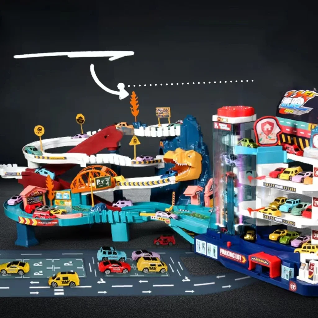 Voiture sur Rail électrique dinosaure bâtiment Parking aventure course voiture sur Rail jouets enfants cerveau mécanique interactif voitures sur Rail