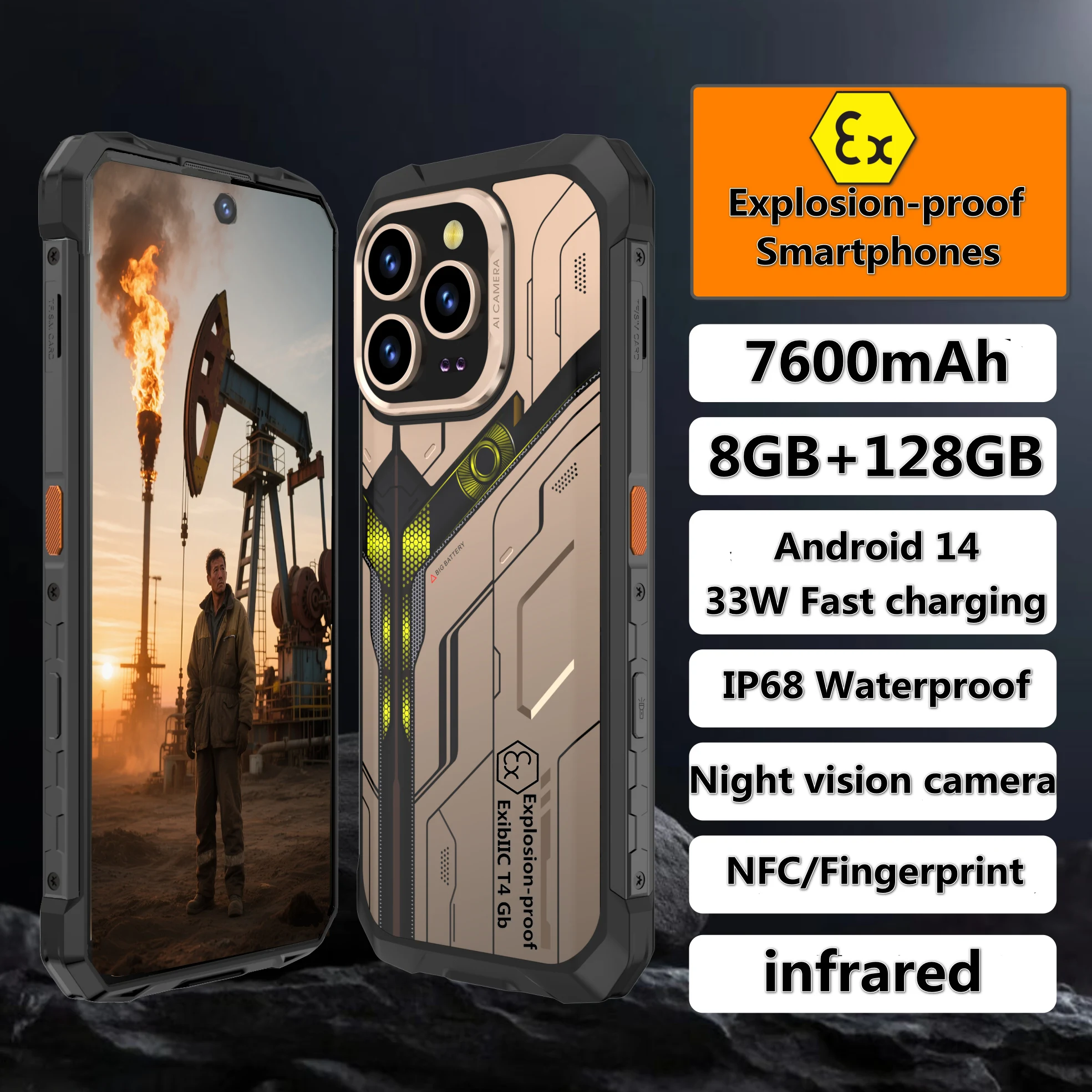 Explosion-Proof Phone Night Vision Rugged Phone Android 14 33W 32MP+68MP NFC Waterproof Smartphone Global