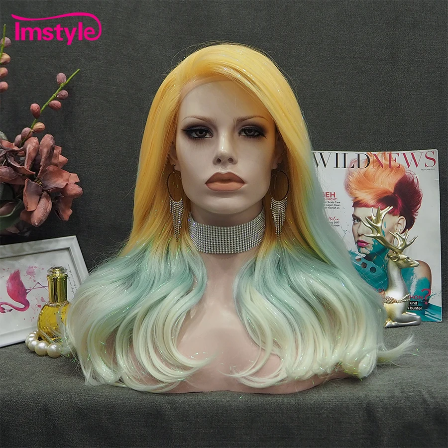 Imstyle Tinsel Wig Yellow Blue Synthetic Lace Front Wig Multicolor Ombre Wig Gorgeous Hair Party Wigs For Women