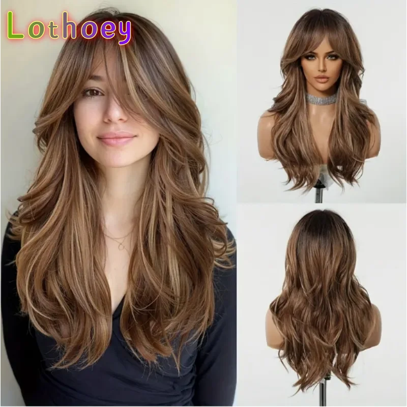 자연스러운 긴 갈색에서 금발 옴브레 가발 (여성용) 우아한 곱슬 웨이브 스타일, 실크 베이스 가발 인모 가발 완벽한 아름다움