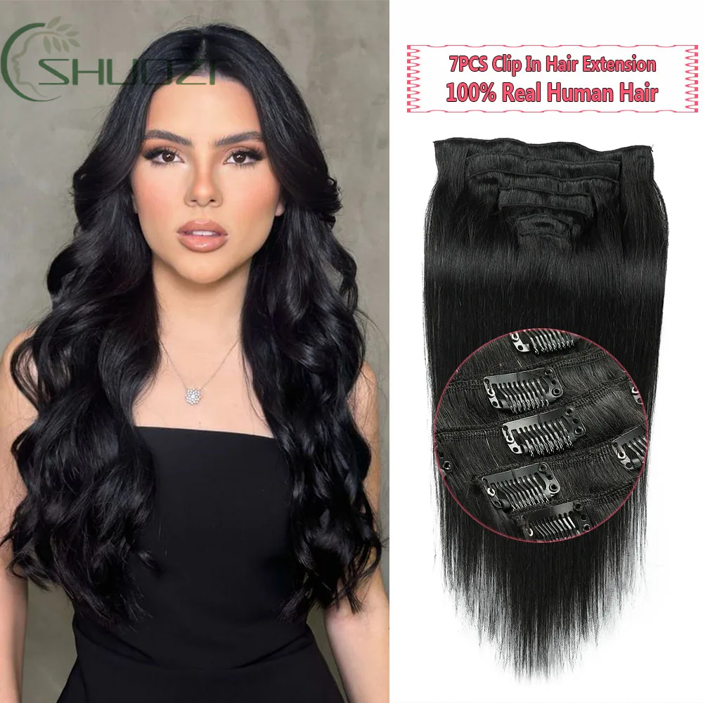 Extensiones de cabello humano 100% Remy, extensiones de cabello con Clip, cabello humano Real liso, 7 Uds., extensiones de cabello con Clip Ins para mujer