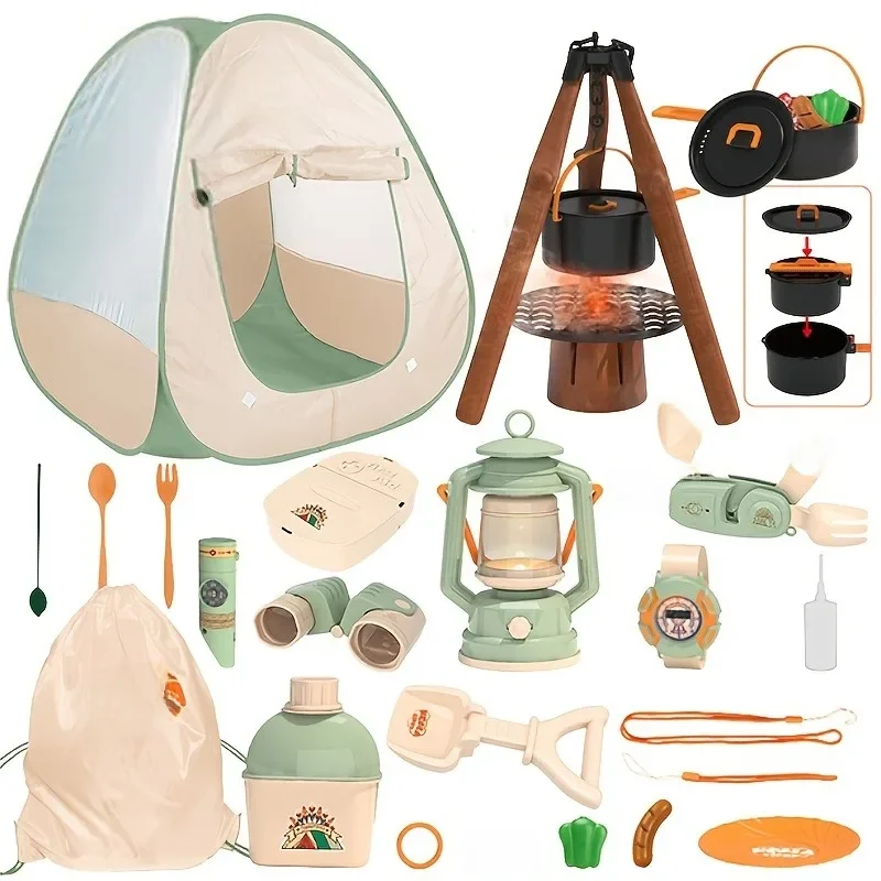 Ensemble de Camping pour enfants, jouet d'explorateur en plein air, Kit de jeu de simulation, tente Optionnelle, feu de camp, sac de montre binoculaire, cadeau d'anniversaire pour garçons et filles